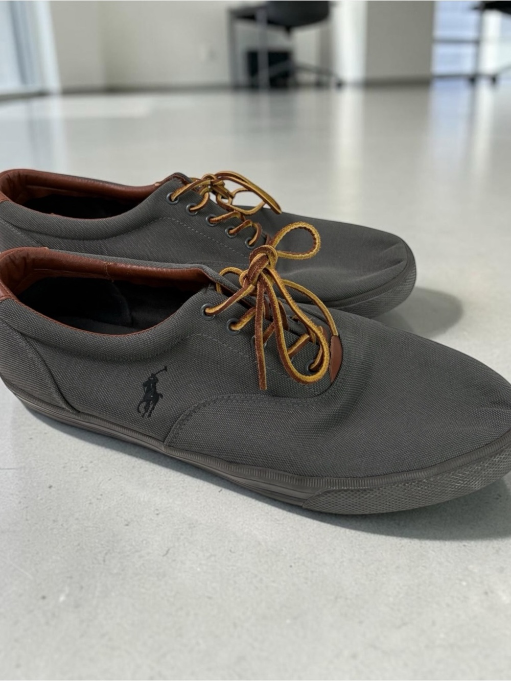 Polo by Ralph Lauren Men's Dark Gray Canvas Loafers with Brown Trim Gray bottom